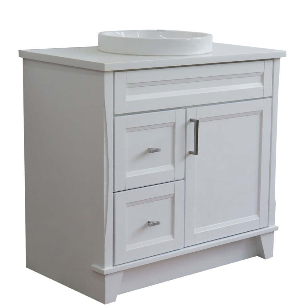 37" Single sink vanity in White finish with White quartz and CENTER round sink- RIGHT drawers - 400700-37R-WH-WERDC