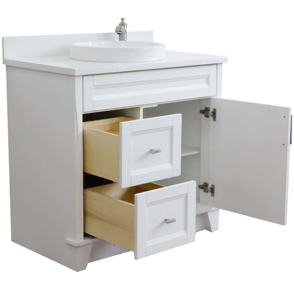 37" Single sink vanity in White finish with White quartz and CENTER round sink- RIGHT drawers - 400700-37R-WH-WERDC