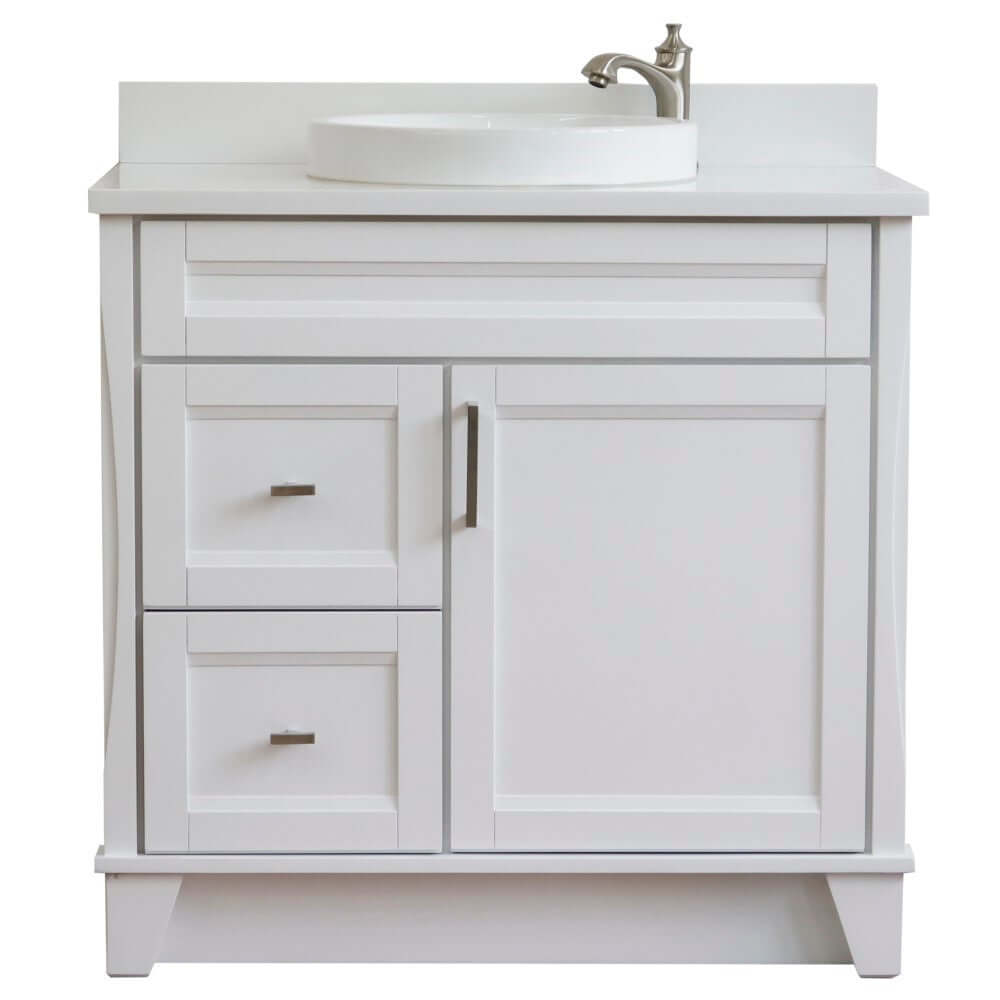 37" Single sink vanity in White finish with White quartz and CENTER round sink- RIGHT drawers - 400700-37R-WH-WERDC