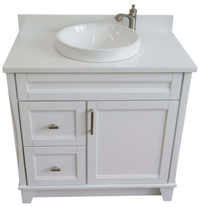 37" Single sink vanity in White finish with White quartz and CENTER round sink- RIGHT drawers - 400700-37R-WH-WERDC