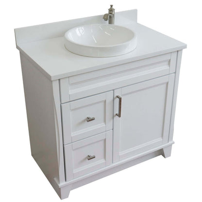 37" Single sink vanity in White finish with White quartz and CENTER round sink- RIGHT drawers - 400700-37R-WH-WERDC