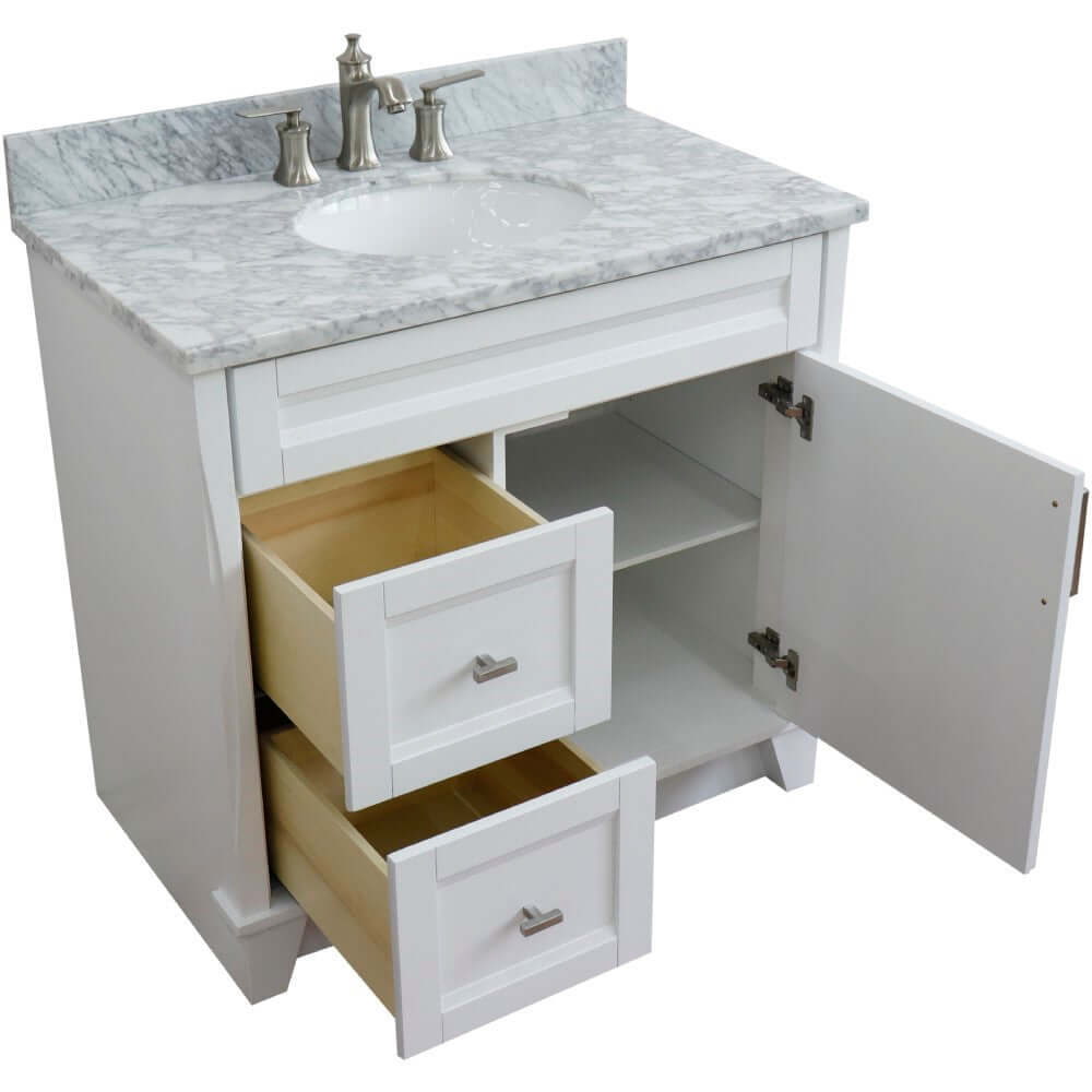 37" Single sink vanity in White finish with White Carrara marble and CENTER oval sink- RIGHT drawers - 400700-37R-WH-WMOC