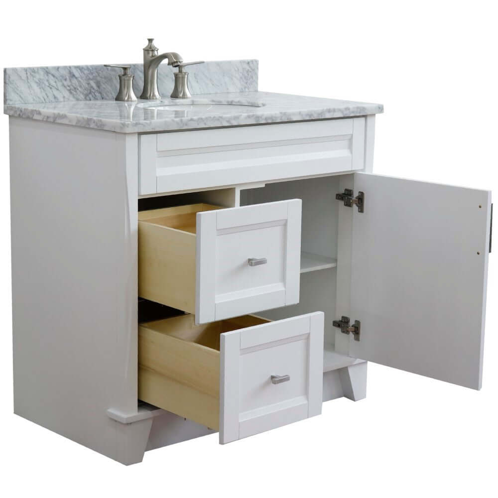 37" Single sink vanity in White finish with White Carrara marble and CENTER oval sink- RIGHT drawers - 400700-37R-WH-WMOC