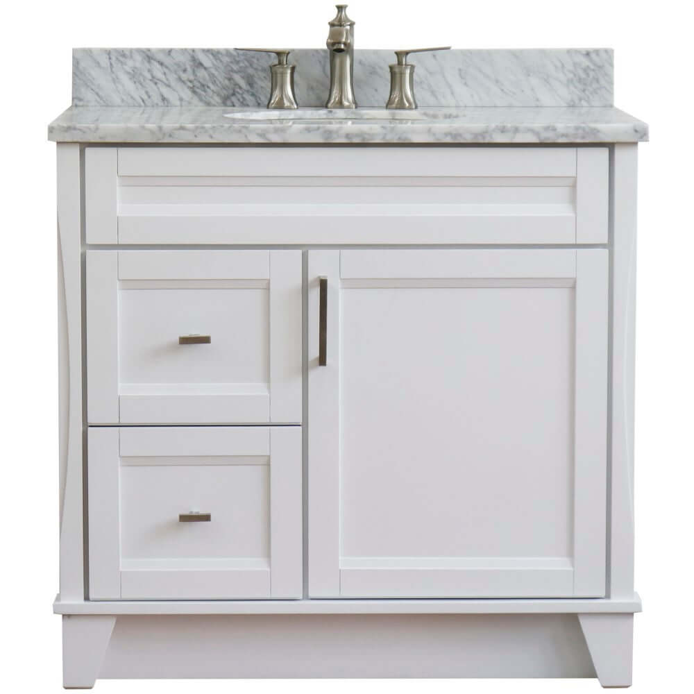 37" Single sink vanity in White finish with White Carrara marble and CENTER oval sink- RIGHT drawers - 400700-37R-WH-WMOC