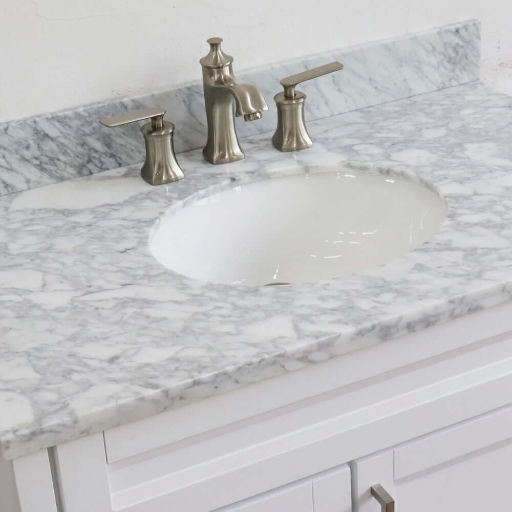 37" Single sink vanity in White finish with White Carrara marble and CENTER oval sink- RIGHT drawers - 400700-37R-WH-WMOC