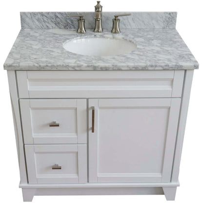 37" Single sink vanity in White finish with White Carrara marble and CENTER oval sink- RIGHT drawers - 400700-37R-WH-WMOC