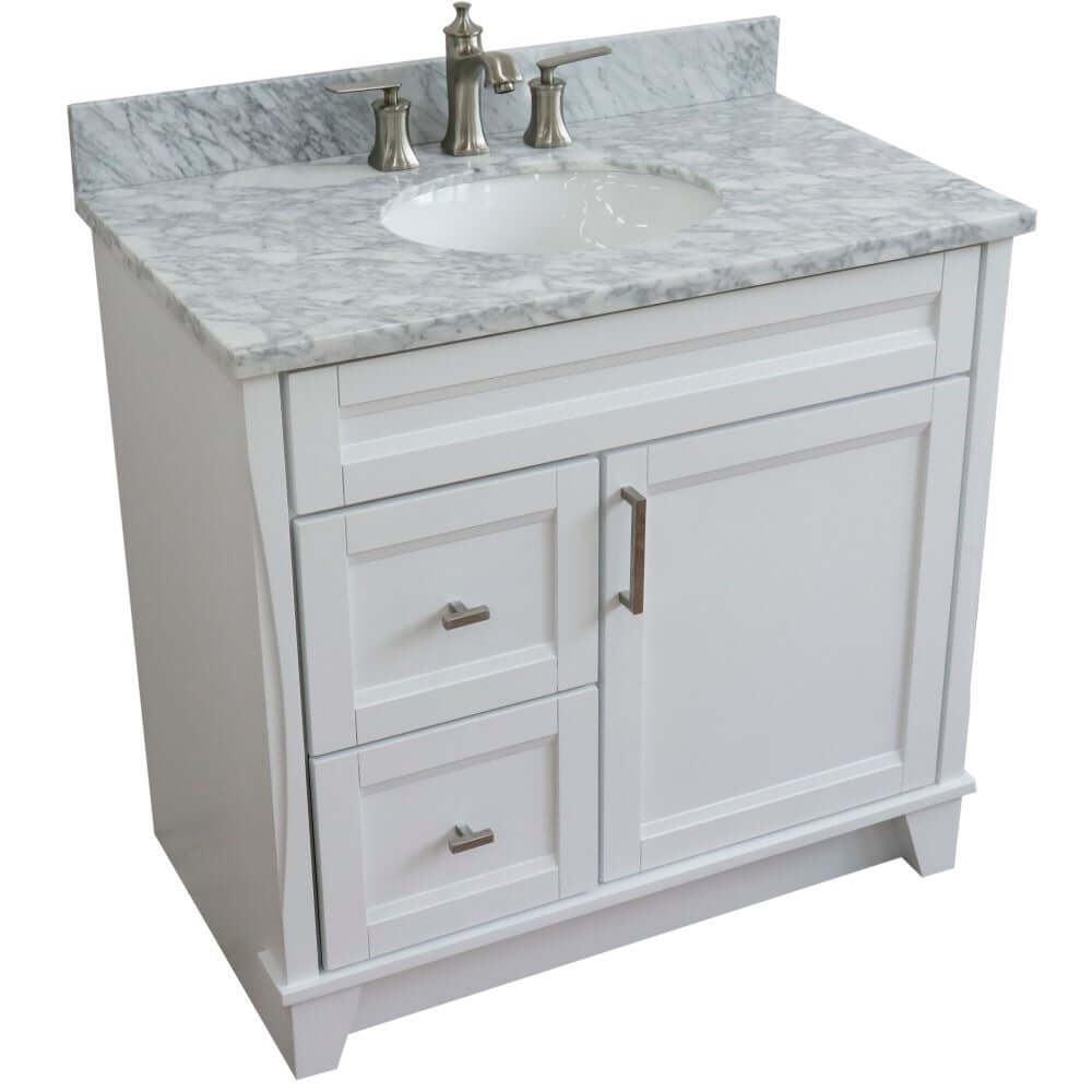 37" Single sink vanity in White finish with White Carrara marble and CENTER oval sink- RIGHT drawers - 400700-37R-WH-WMOC