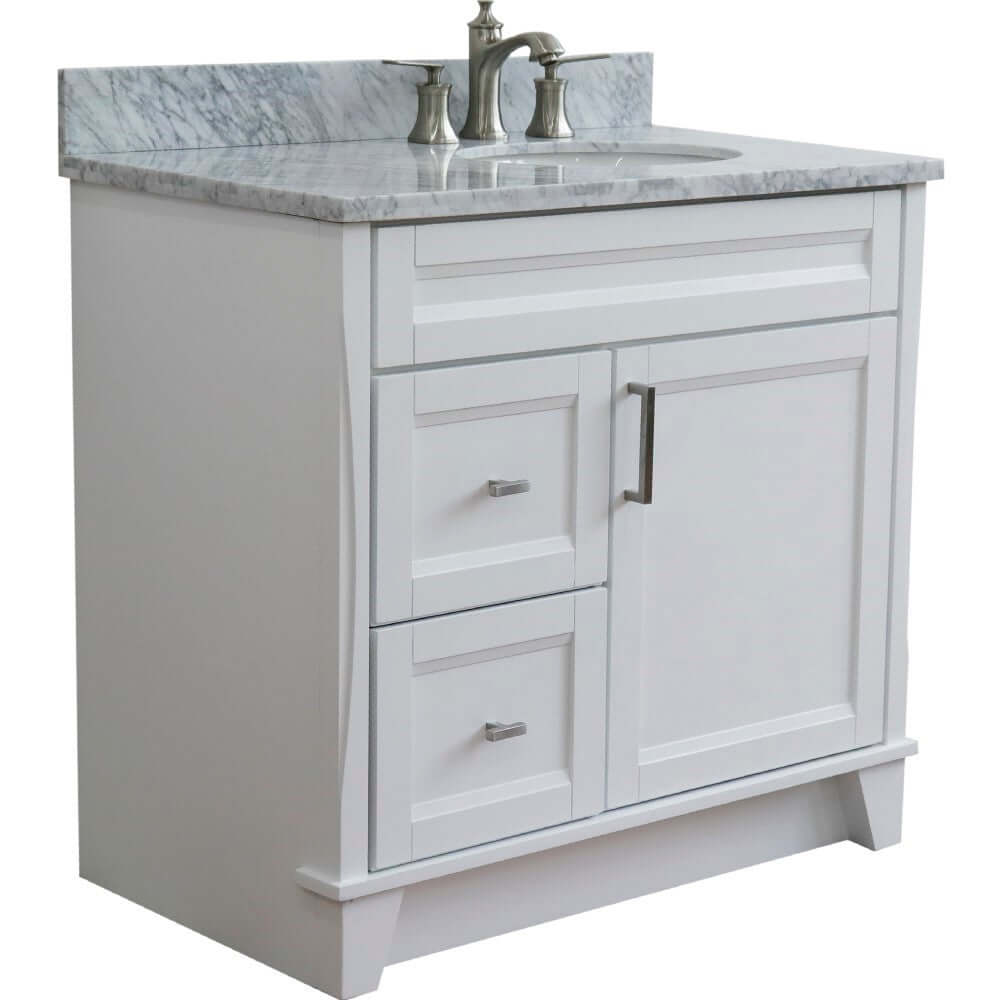 37" Single sink vanity in White finish with White Carrara marble and LEFT oval sink- RIGHT drawers - 400700-37R-WH-WMOR