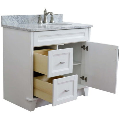 37" Single sink vanity in White finish with White Carrara marble and LEFT oval sink- RIGHT drawers - 400700-37R-WH-WMOR