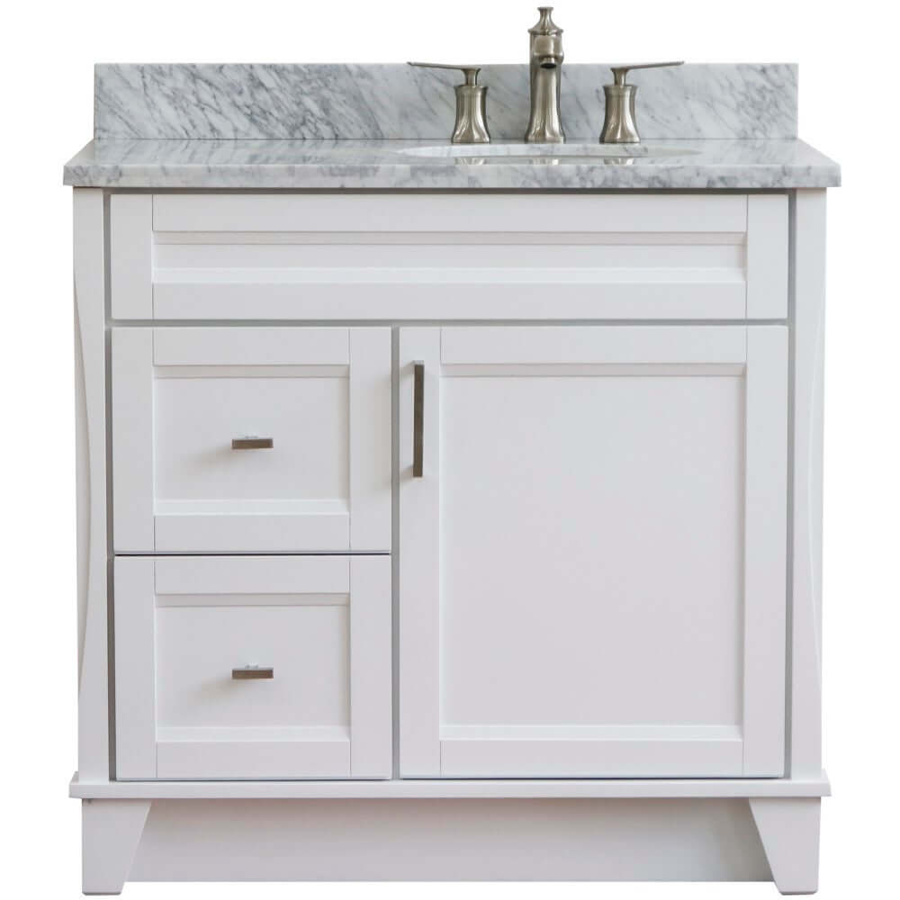 37" Single sink vanity in White finish with White Carrara marble and LEFT oval sink- RIGHT drawers - 400700-37R-WH-WMOR