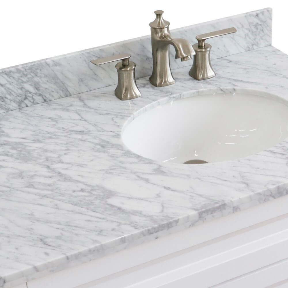 37" Single sink vanity in White finish with White Carrara marble and LEFT oval sink- RIGHT drawers - 400700-37R-WH-WMOR