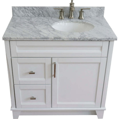 37" Single sink vanity in White finish with White Carrara marble and LEFT oval sink- RIGHT drawers - 400700-37R-WH-WMOR