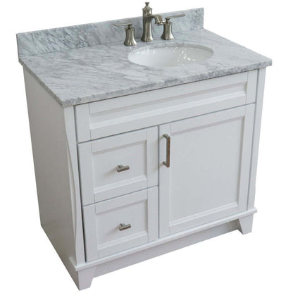 37" Single sink vanity in White finish with White Carrara marble and LEFT oval sink- RIGHT drawers - 400700-37R-WH-WMOR