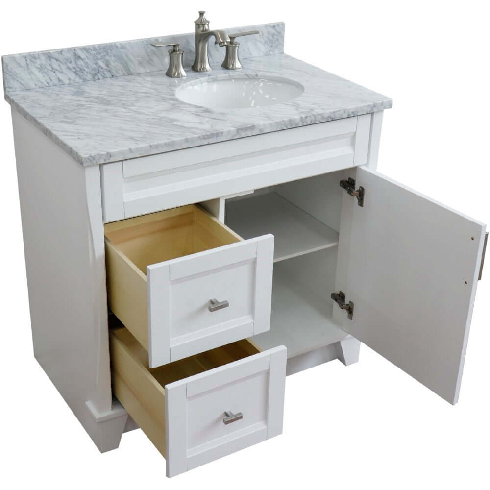 37" Single sink vanity in White finish with White Carrara marble and LEFT oval sink- RIGHT drawers - 400700-37R-WH-WMOR