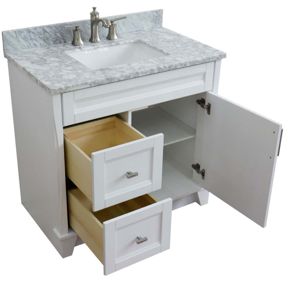 37" Single sink vanity in White finish with White Carrara marble and CENTER rectangle sink- RIGHT drawers - 400700-37R-WH-WMRC