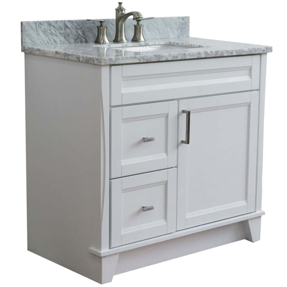 37" Single sink vanity in White finish with White Carrara marble and CENTER rectangle sink- RIGHT drawers - 400700-37R-WH-WMRC