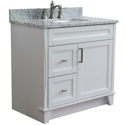 37" Single sink vanity in White finish with White Carrara marble and CENTER rectangle sink- RIGHT drawers - 400700-37R-WH-WMRC