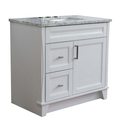 37" Single sink vanity in White finish with White Carrara marble and CENTER rectangle sink- RIGHT drawers - 400700-37R-WH-WMRC