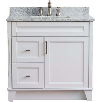 37" Single sink vanity in White finish with White Carrara marble and CENTER rectangle sink- RIGHT drawers - 400700-37R-WH-WMRC