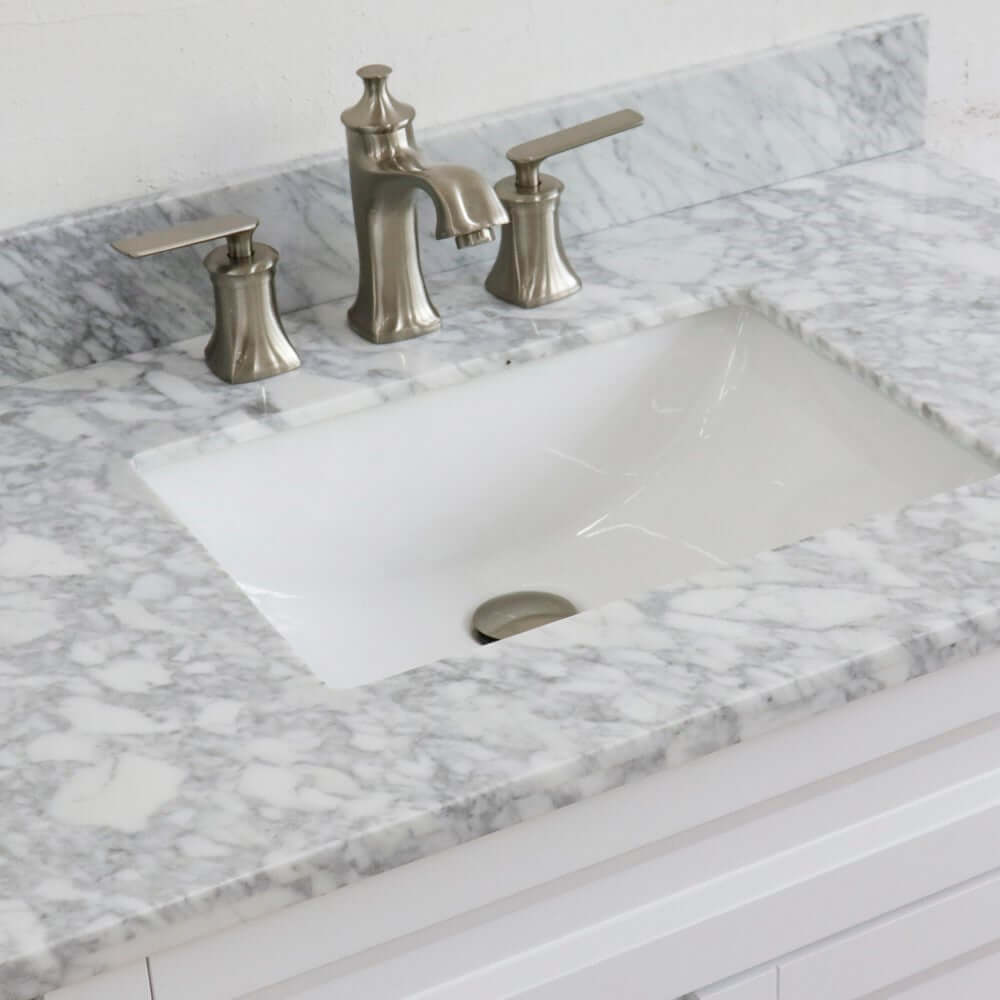 37" Single sink vanity in White finish with White Carrara marble and CENTER rectangle sink- RIGHT drawers - 400700-37R-WH-WMRC