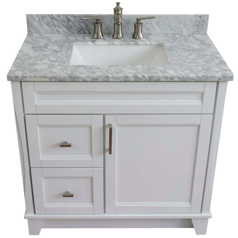 37" Single sink vanity in White finish with White Carrara marble and CENTER rectangle sink- RIGHT drawers - 400700-37R-WH-WMRC