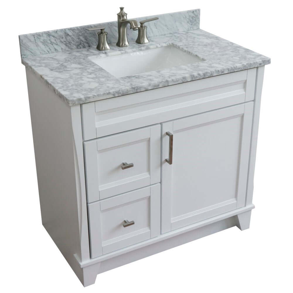 37" Single sink vanity in White finish with White Carrara marble and CENTER rectangle sink- RIGHT drawers - 400700-37R-WH-WMRC