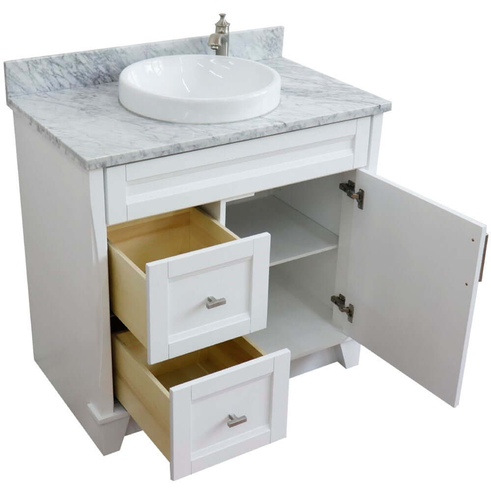 37" Single sink vanity in White finish with White Carrara marble and CENTER round sink- RIGHT drawers - 400700-37R-WH-WMRDC