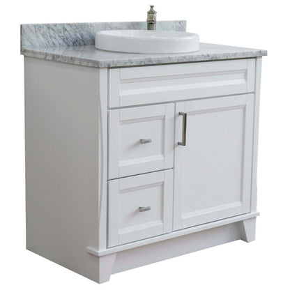 37" Single sink vanity in White finish with White Carrara marble and CENTER round sink- RIGHT drawers - 400700-37R-WH-WMRDC