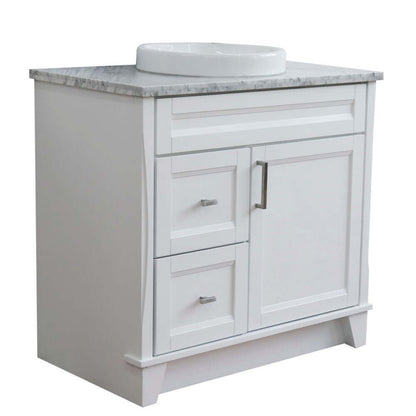 37" Single sink vanity in White finish with White Carrara marble and CENTER round sink- RIGHT drawers - 400700-37R-WH-WMRDC