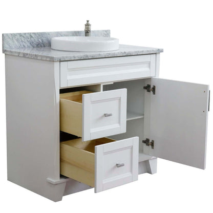 37" Single sink vanity in White finish with White Carrara marble and CENTER round sink- RIGHT drawers - 400700-37R-WH-WMRDC