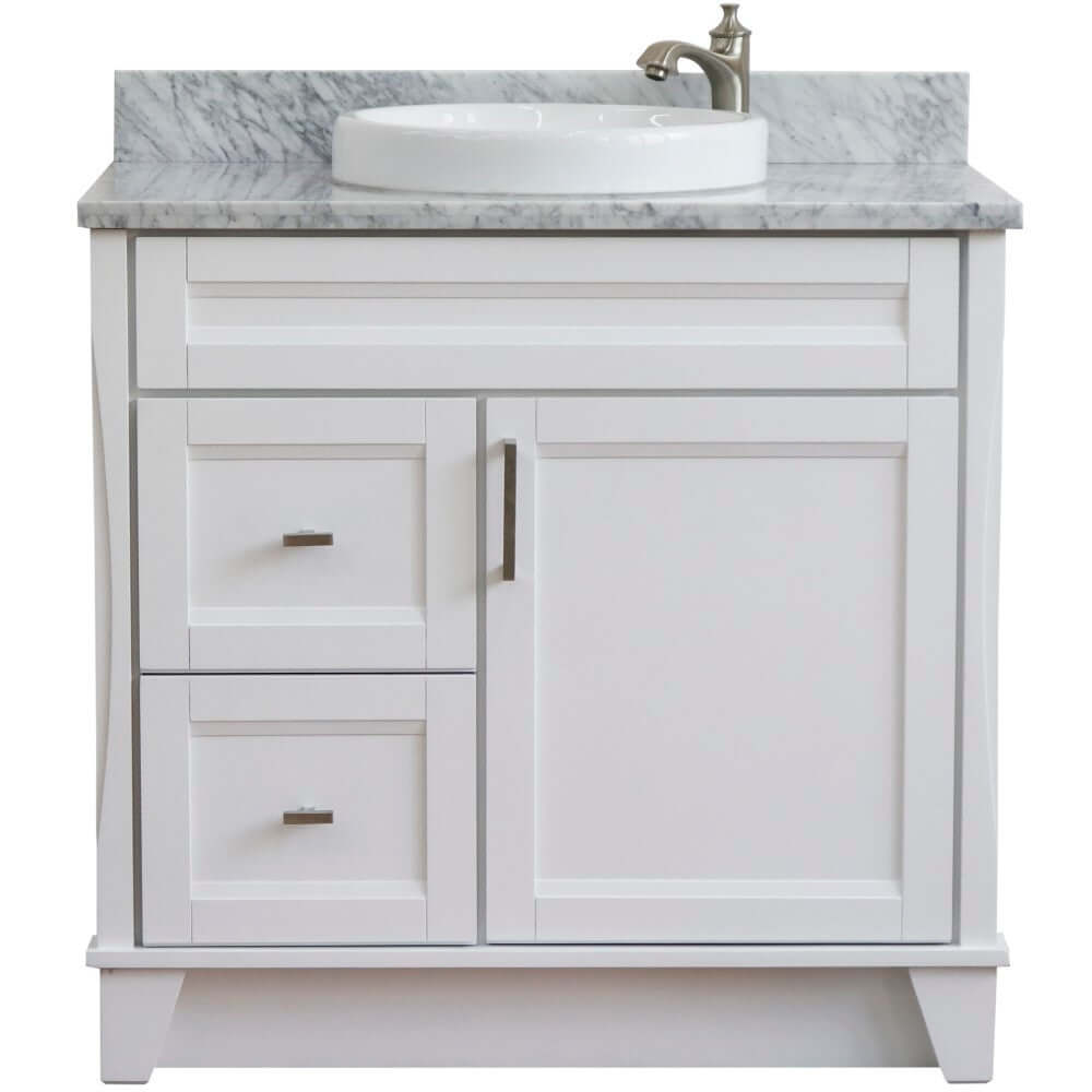 37" Single sink vanity in White finish with White Carrara marble and CENTER round sink- RIGHT drawers - 400700-37R-WH-WMRDC