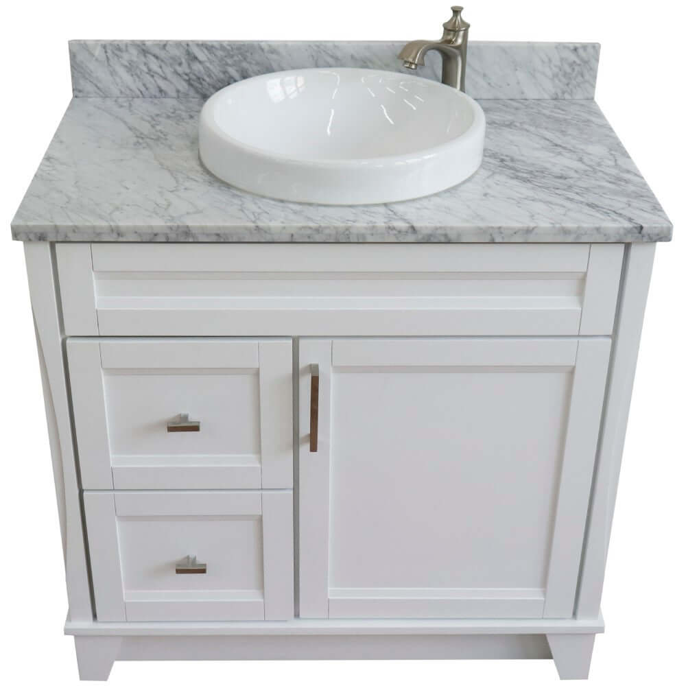 37" Single sink vanity in White finish with White Carrara marble and CENTER round sink- RIGHT drawers - 400700-37R-WH-WMRDC