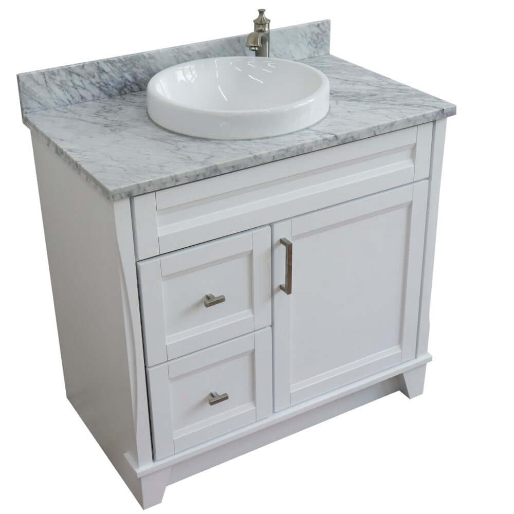 37" Single sink vanity in White finish with White Carrara marble and CENTER round sink- RIGHT drawers - 400700-37R-WH-WMRDC