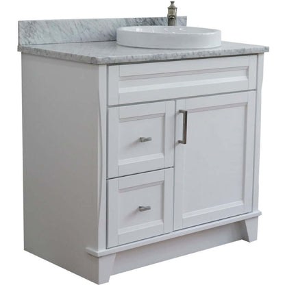 37" Single sink vanity in White finish with White Carrara marble and LEFT round sink- RIGHT drawers - 400700-37R-WH-WMRDR