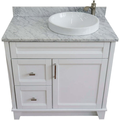 37" Single sink vanity in White finish with White Carrara marble and LEFT round sink- RIGHT drawers - 400700-37R-WH-WMRDR