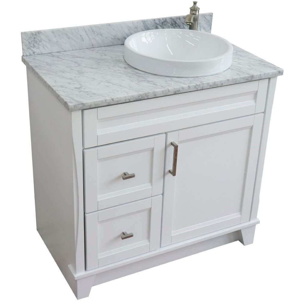 37" Single sink vanity in White finish with White Carrara marble and LEFT round sink- RIGHT drawers - 400700-37R-WH-WMRDR