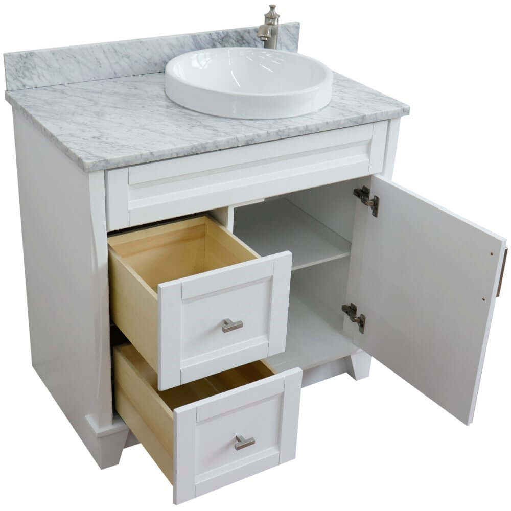 37" Single sink vanity in White finish with White Carrara marble and LEFT round sink- RIGHT drawers - 400700-37R-WH-WMRDR