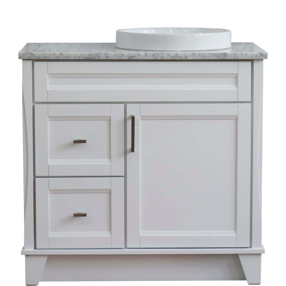 37" Single sink vanity in White finish with White Carrara marble and LEFT round sink- RIGHT drawers - 400700-37R-WH-WMRDR