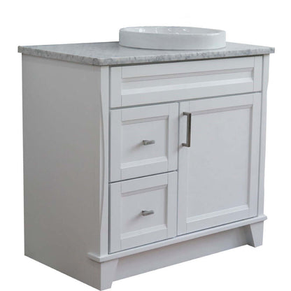 37" Single sink vanity in White finish with White Carrara marble and LEFT round sink- RIGHT drawers - 400700-37R-WH-WMRDR