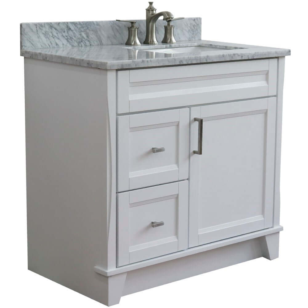 37" Single sink vanity in White finish with White Carrara marble and LEFT rectangle sink- RIGHT drawers - 400700-37R-WH-WMRR