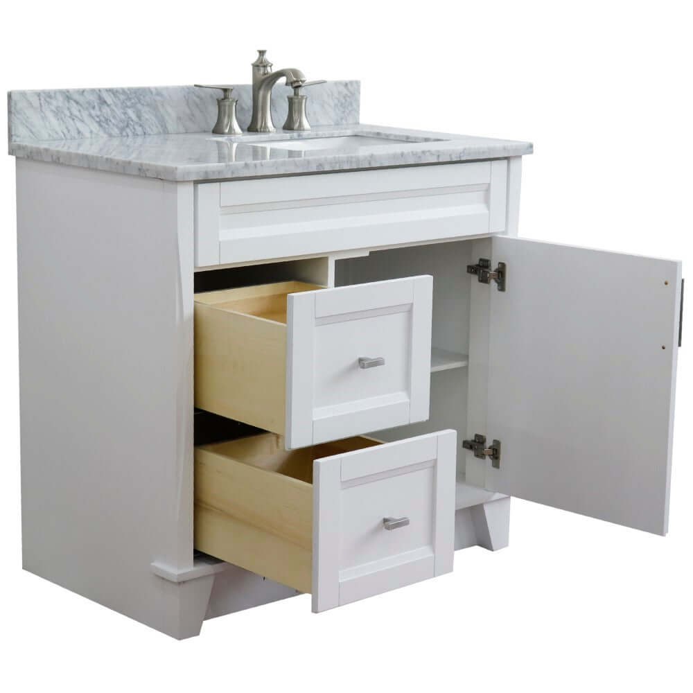 37" Single sink vanity in White finish with White Carrara marble and LEFT rectangle sink- RIGHT drawers - 400700-37R-WH-WMRR