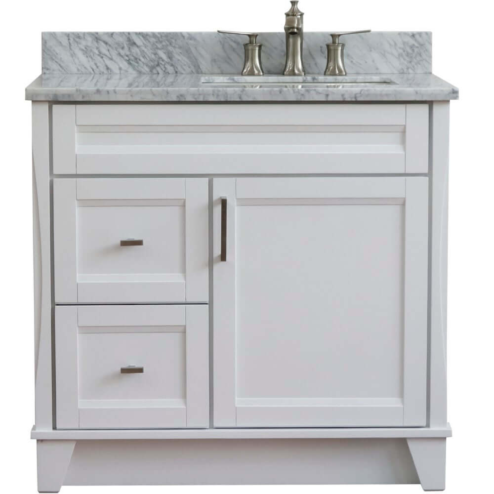 37" Single sink vanity in White finish with White Carrara marble and LEFT rectangle sink- RIGHT drawers - 400700-37R-WH-WMRR