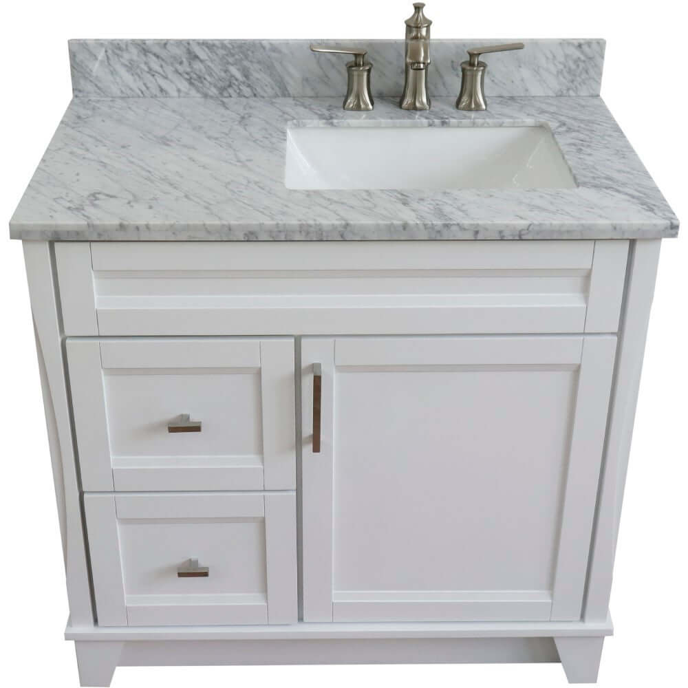 37" Single sink vanity in White finish with White Carrara marble and LEFT rectangle sink- RIGHT drawers - 400700-37R-WH-WMRR