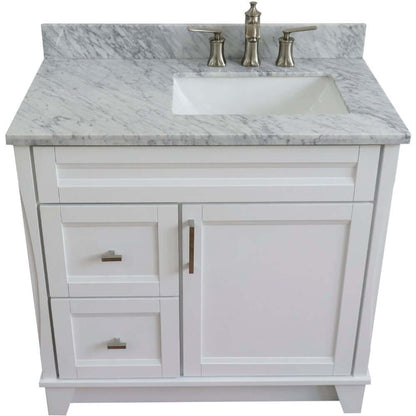 37" Single sink vanity in White finish with White Carrara marble and LEFT rectangle sink- RIGHT drawers - 400700-37R-WH-WMRR