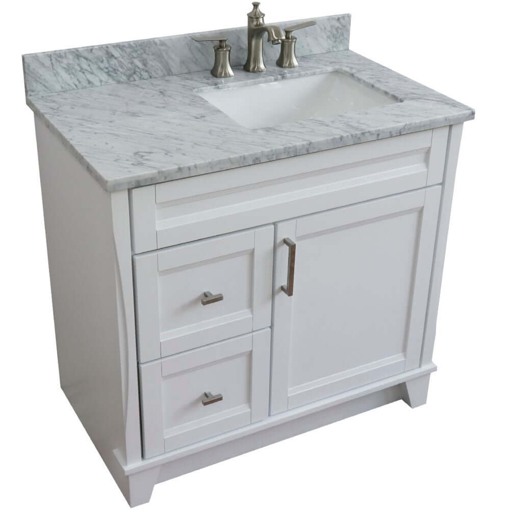 37" Single sink vanity in White finish with White Carrara marble and LEFT rectangle sink- RIGHT drawers - 400700-37R-WH-WMRR