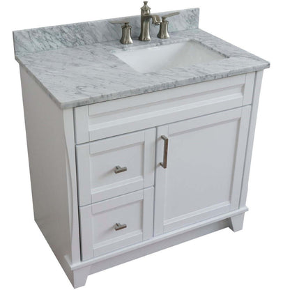 37" Single sink vanity in White finish with White Carrara marble and LEFT rectangle sink- RIGHT drawers - 400700-37R-WH-WMRR