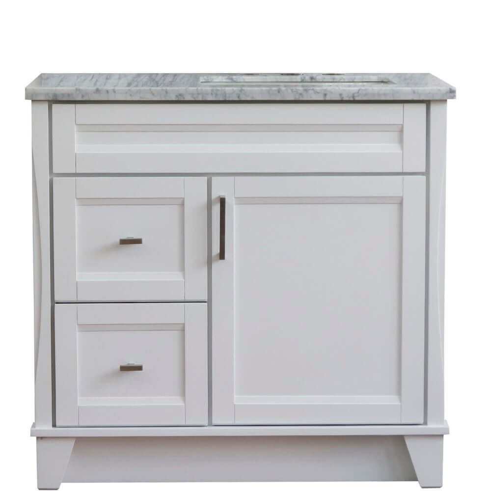 37" Single sink vanity in White finish with White Carrara marble and LEFT rectangle sink- RIGHT drawers - 400700-37R-WH-WMRR