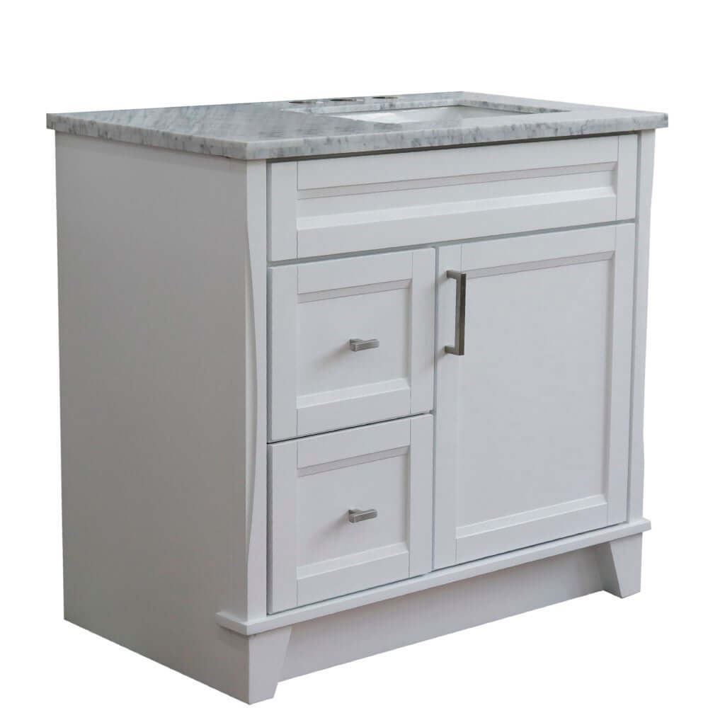 37" Single sink vanity in White finish with White Carrara marble and LEFT rectangle sink- RIGHT drawers - 400700-37R-WH-WMRR