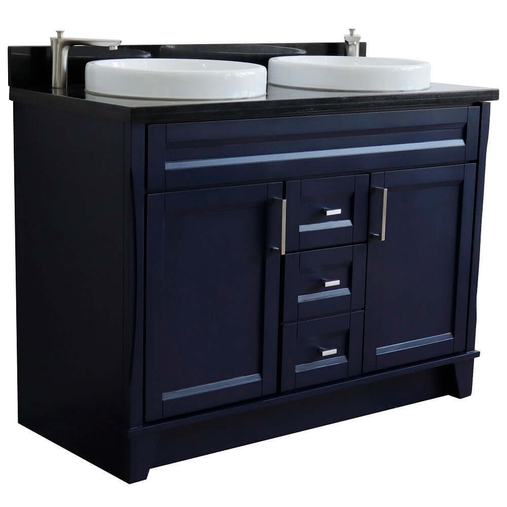 48" Double sink vanity in Blue finish with Black galaxy granite and round sink - 400700-49D-BU-BGRD