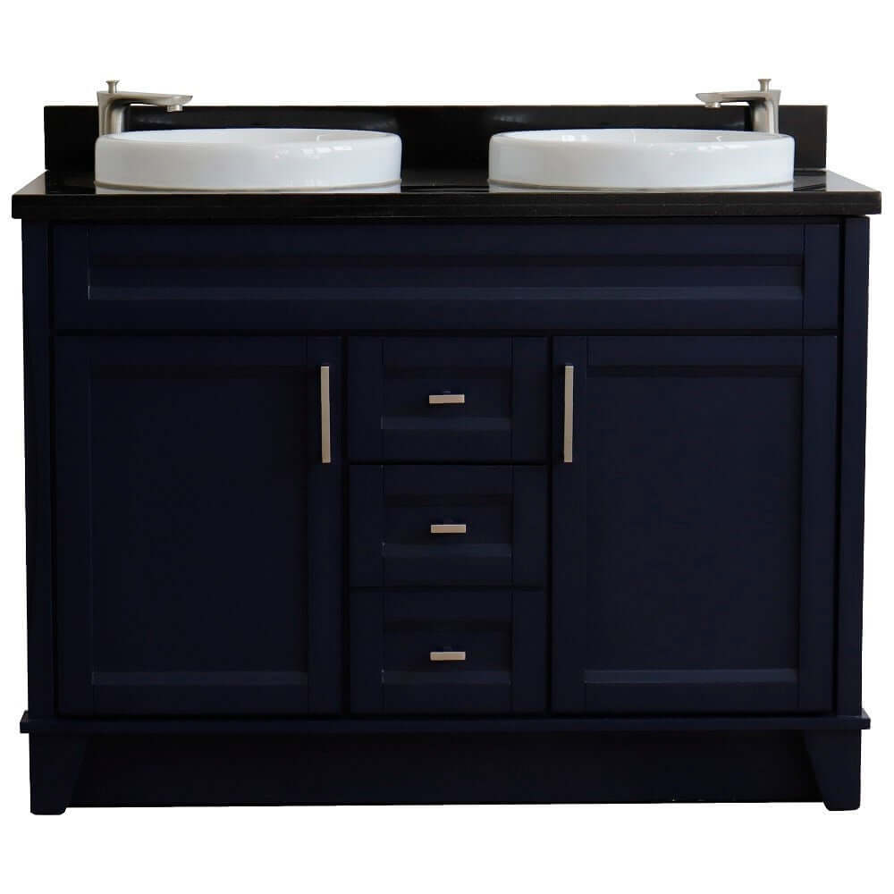 48" Double sink vanity in Blue finish with Black galaxy granite and round sink - 400700-49D-BU-BGRD